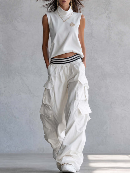 Exquisite Fashion Athletic Workwear Style White Cotton Sleeveless Top With A Mock Neck And  Pants Set
