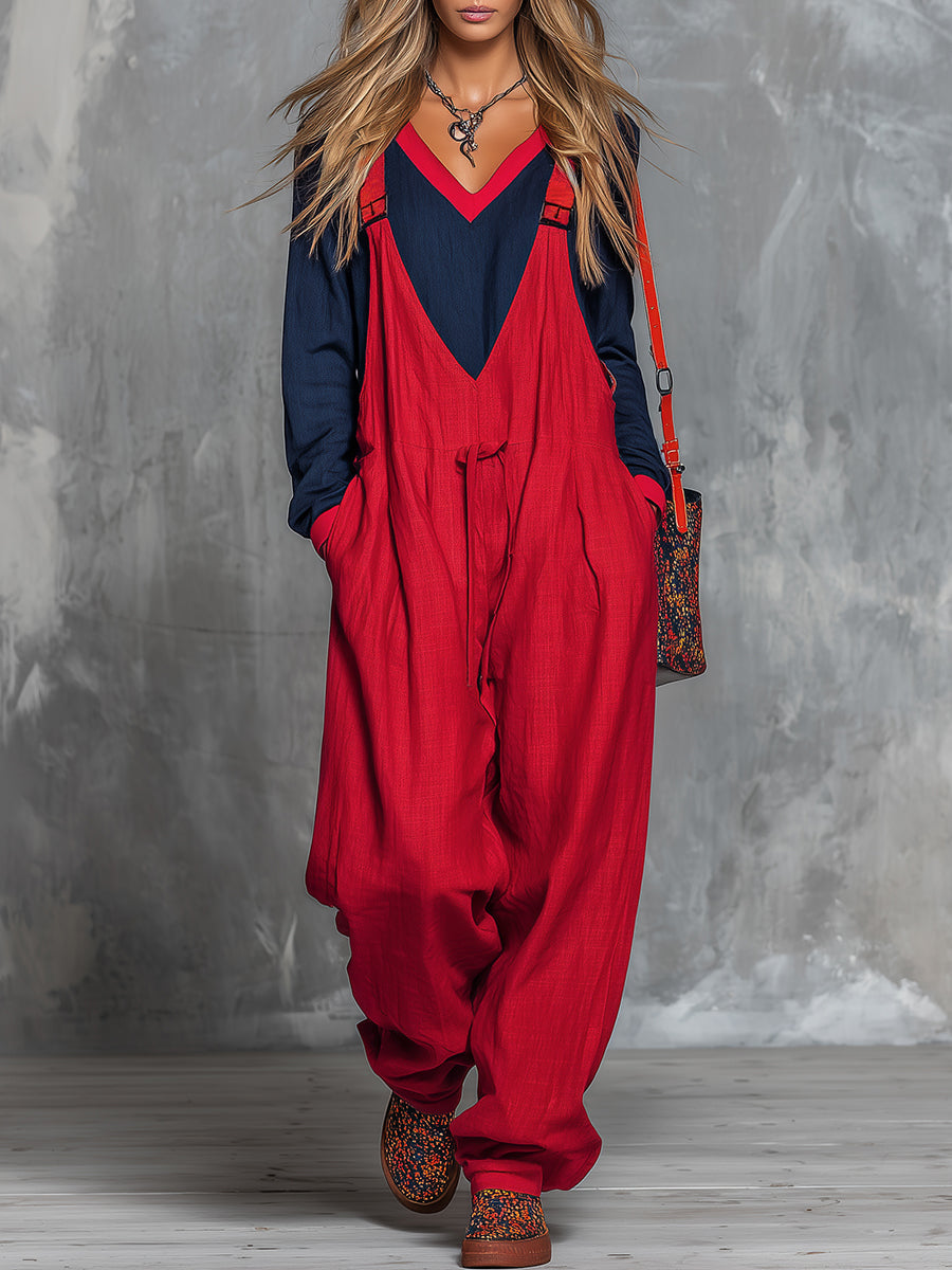 Retro Bohemian Style Color-blocked Cotton And Linen Top And Overalls Set