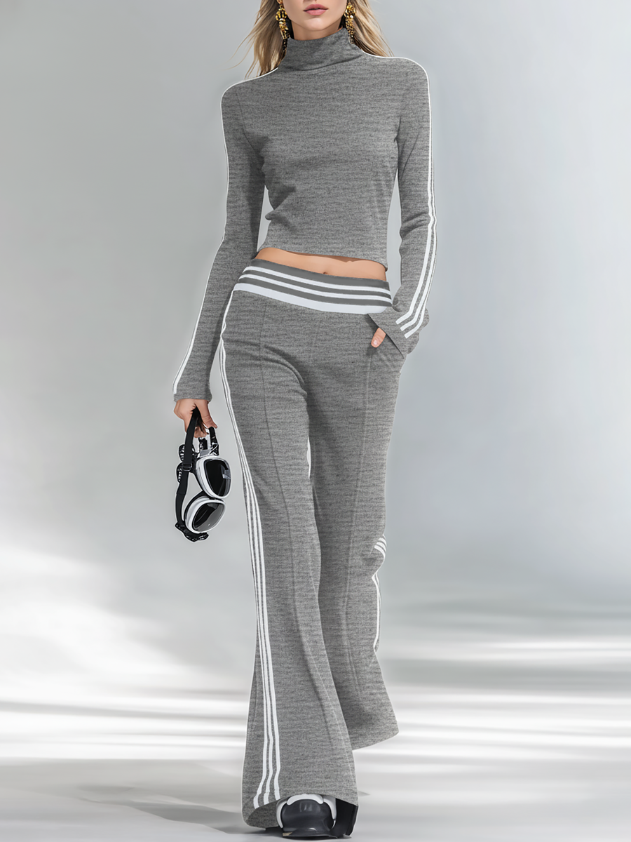 Sporty And Stylish Stand-up Collar T-shirt And Flared Pants Set