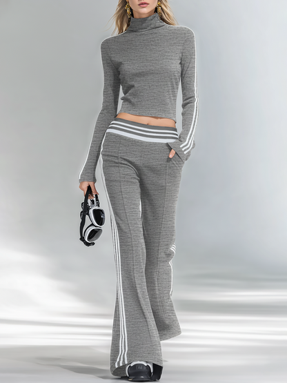 Sporty And Stylish Stand-up Collar T-shirt And Flared Pants Set