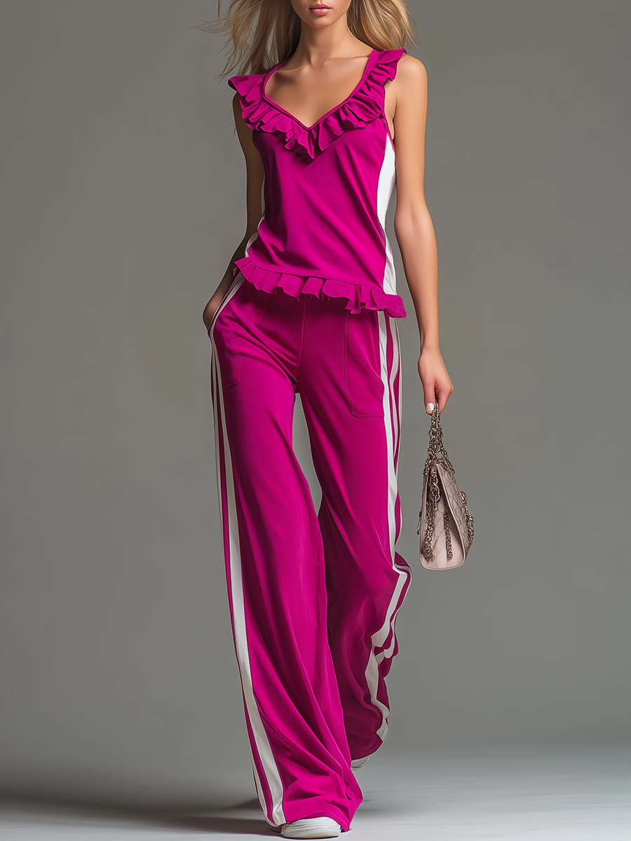 Sporty And Stylish Ruffled Sleeveless Top And Trousers Set