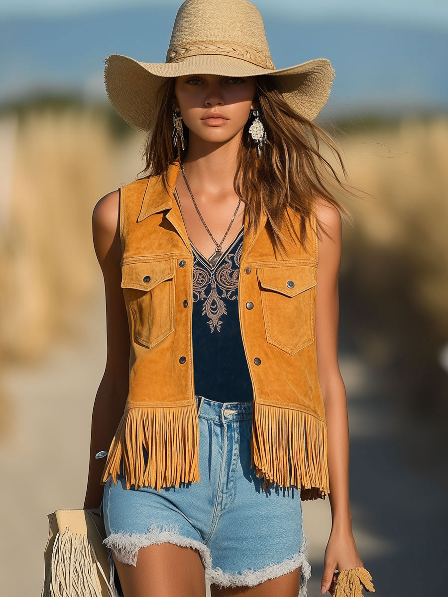 Casual Vintage Bohemian Orange Suede Pocket Tassel Vest