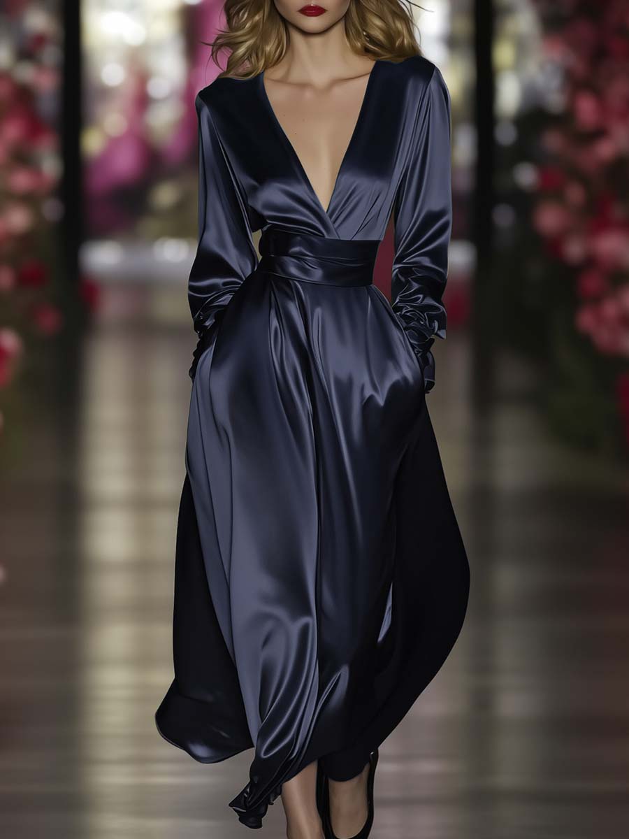 Elegant and Flowing V-neck Dark Blue Satin Midi Dress