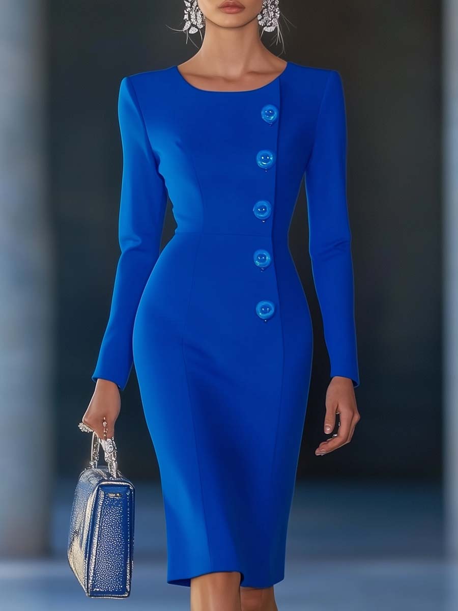 【24-hour shipping out】Elegant and Simple Round Neck Button Decoration Blue Midi Dress