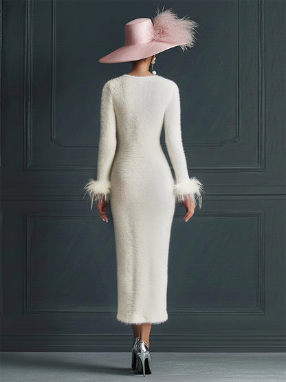 White Mohair V-neck Button Imitation Ostrich Feather Midi Dress