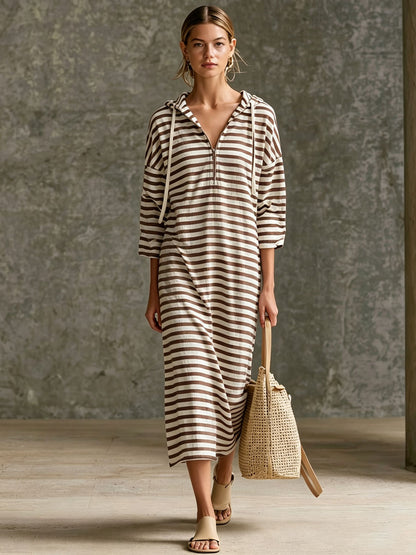 Casual Sporty Retro Black And White Striped Pure Cotton Hooded Midi Dress