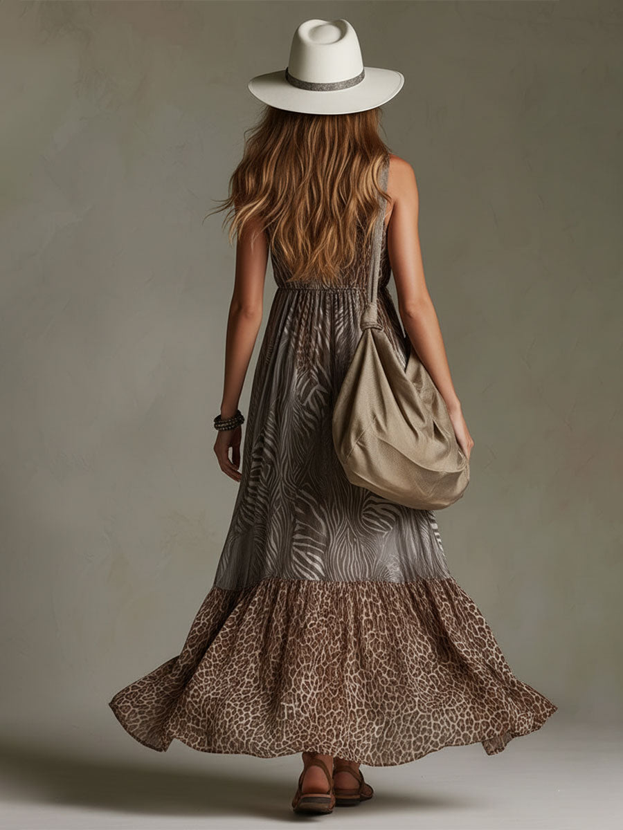 Vacation Retro Leopard Print Zebra Brown Chiffon V-Neck Lace Sleeveless Maxi Dress