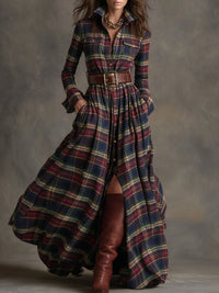 Retro Ethnic Style Lapel Reddish Brown Plaid Maxi Dress
