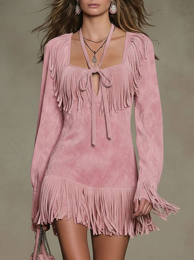 Western Retro Pink Faux Suede Tassel Long-Sleeved Mini Dress