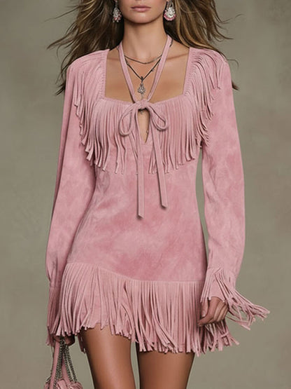 Western Retro Pink Faux Suede Tassel Long-Sleeved Mini Dress