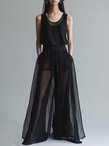 Elegant Black Round Neck Sleeveless Top and Tulle Trousers Set