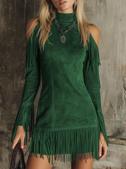 Semi-high Neck Off-the-shoulder Fringed Faux Suede Long-sleeved Mini Dress