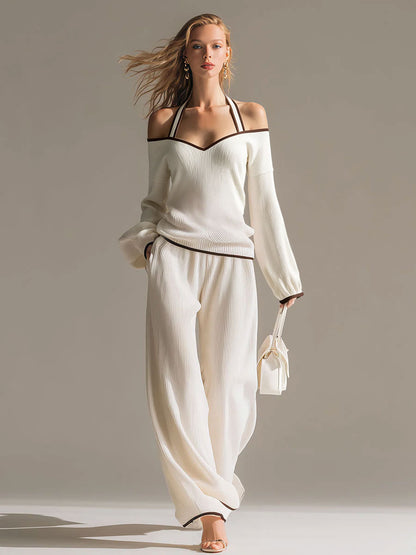 Elegant Color-blocked White Halter-neck Long-sleeved Knit Top And Pants Set