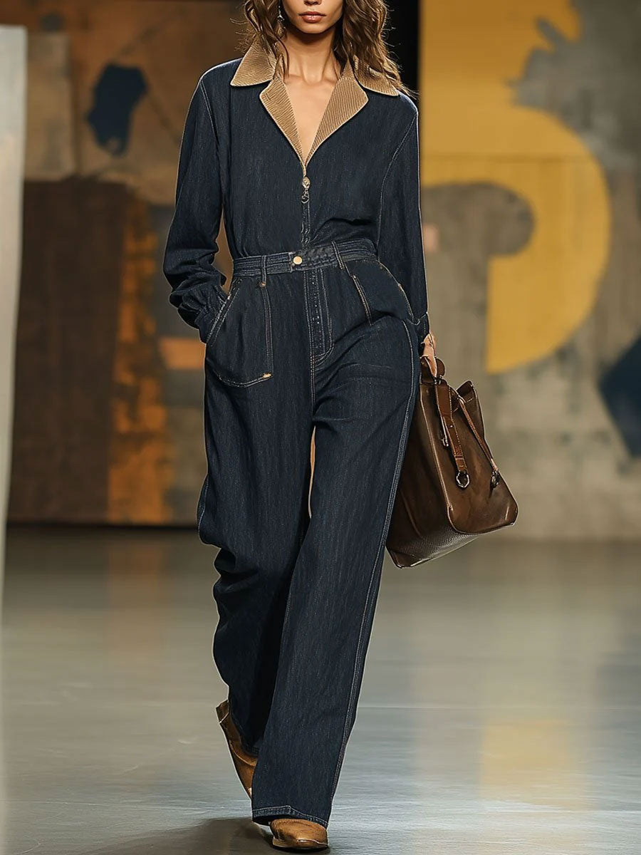 Casual Loose Retro Denim Corduroy Stitching Zipper Long Sleeve Jumpsuit