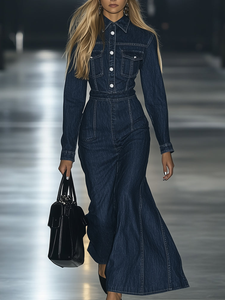【24 hour shipping out】Casual Slim Fit Vintage Lace up Long Sleeve Denim Maxi Dress