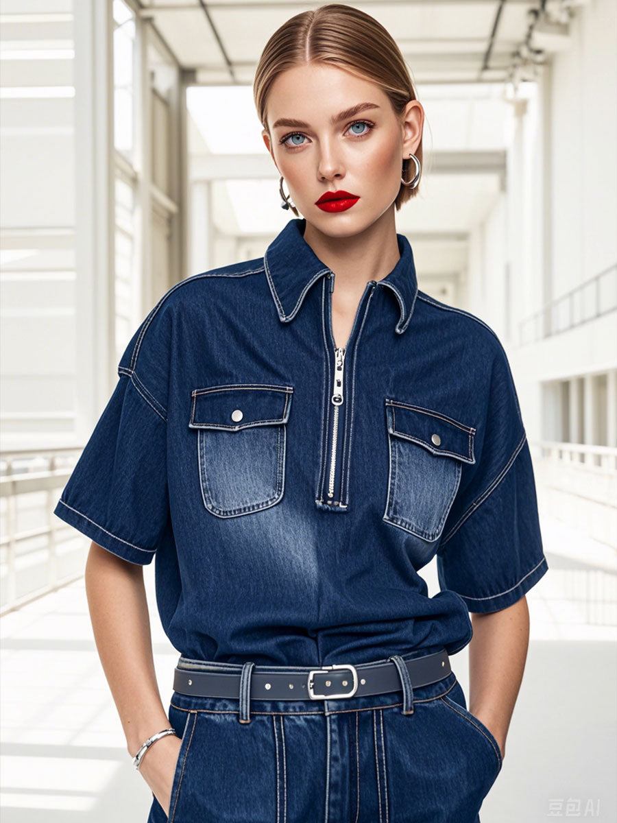 Casual Loose Vintage Denim Short Sleeve Zipper Blouse