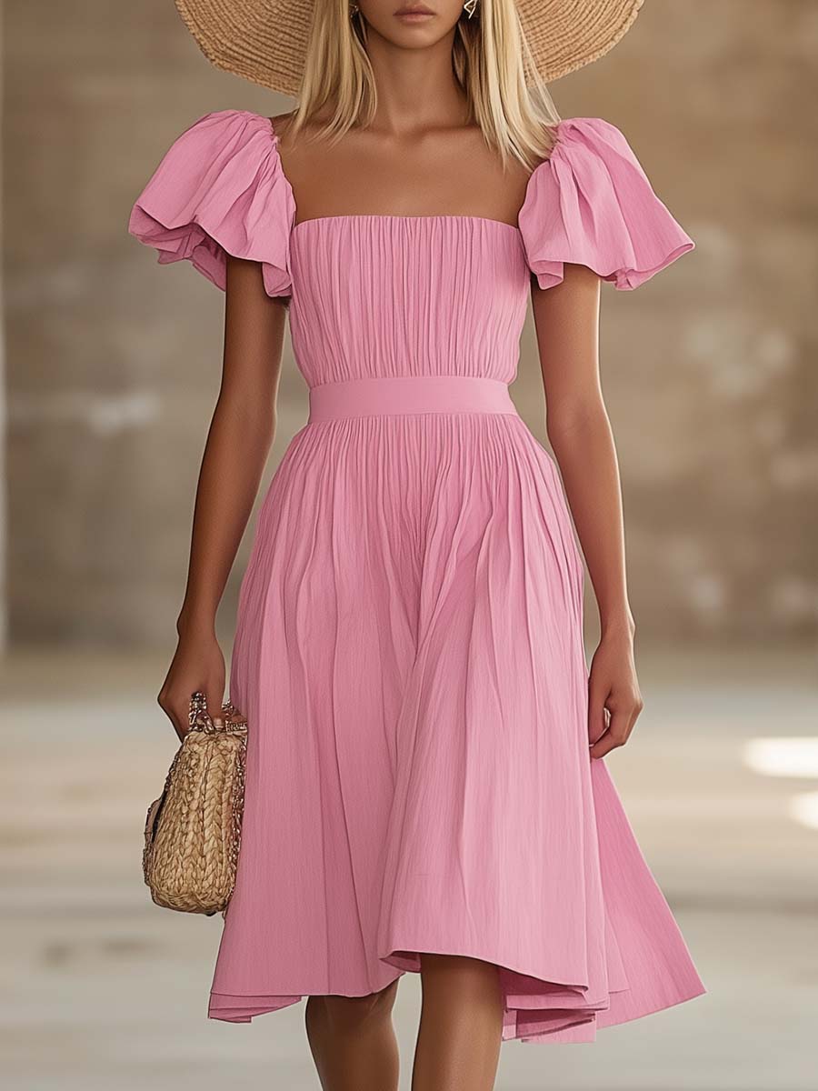 Fashion Square Neck Bubble Short Sleeve Pink Texture Midi Dress