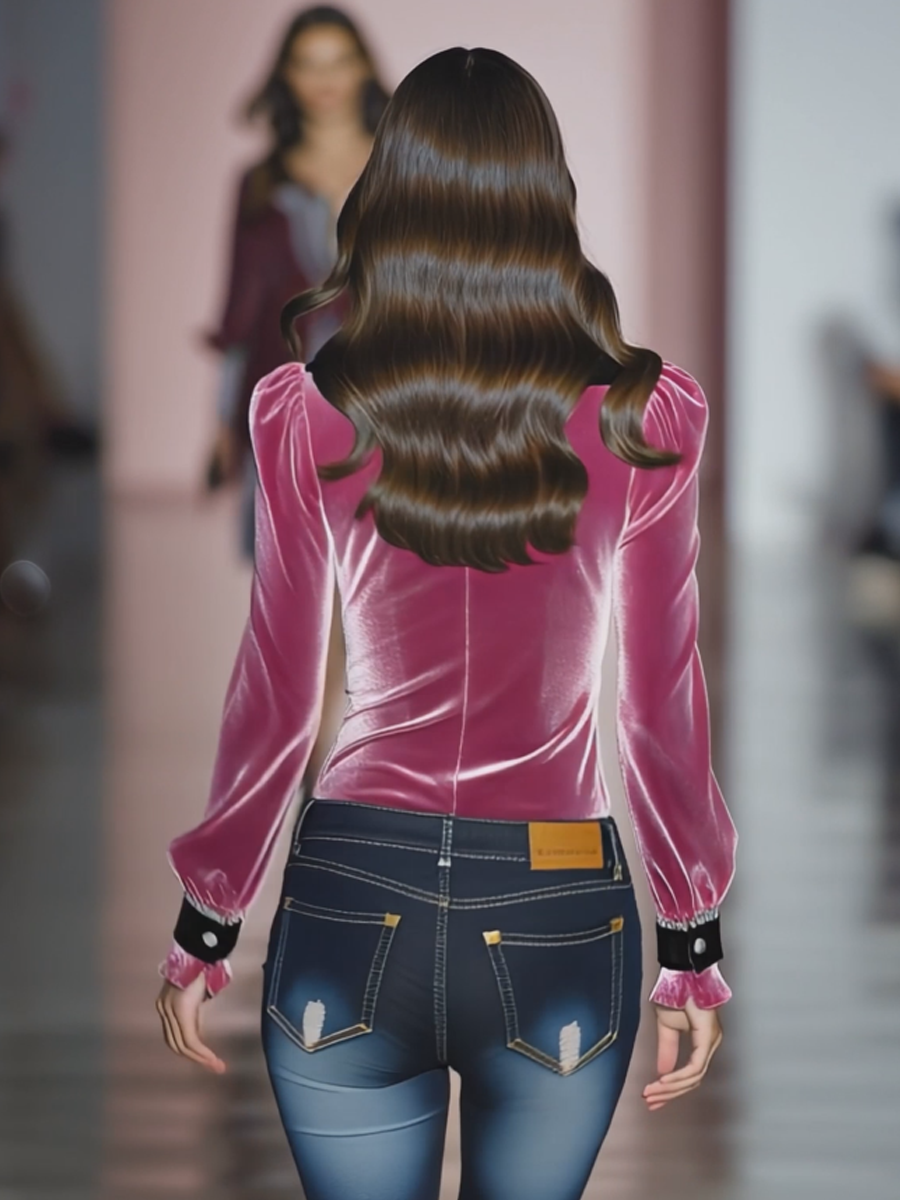 Stylish Pink Patchwork Black Velvet Ribbon Button Shirt