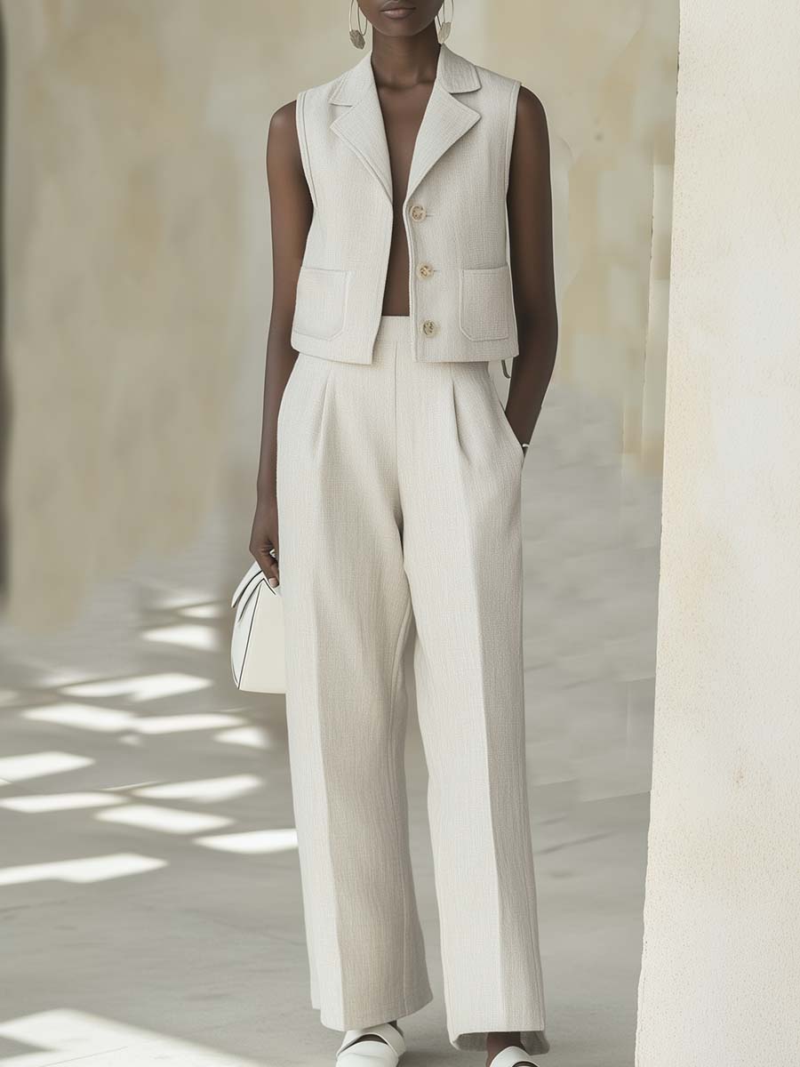 Elegant Light Off-White Linen Sleeveless Jacket and Pants Set