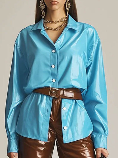 Casual Loose Fashion Blue Leather Long Sleeve Blouse