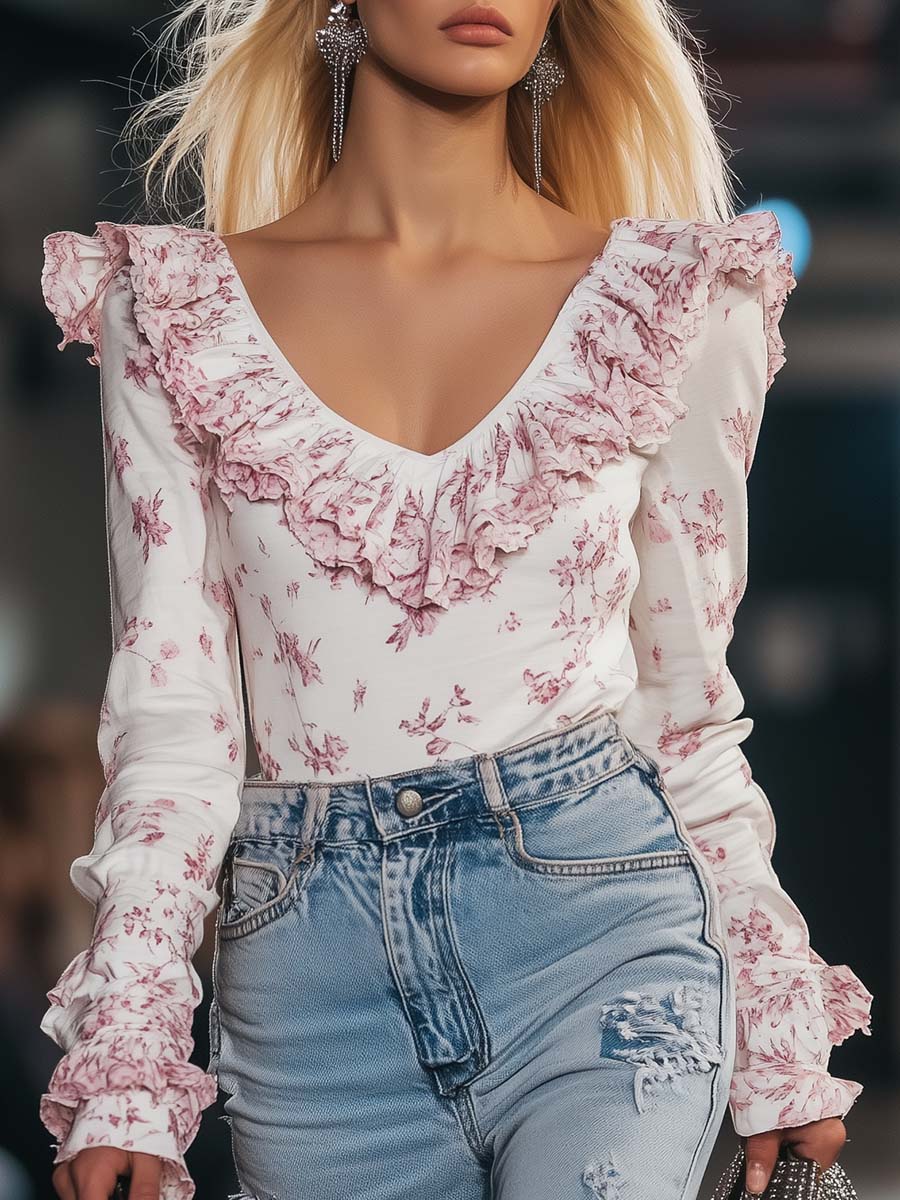 Fashionable Ruffled V-neck Pink Floral Print Off-white T-shirt