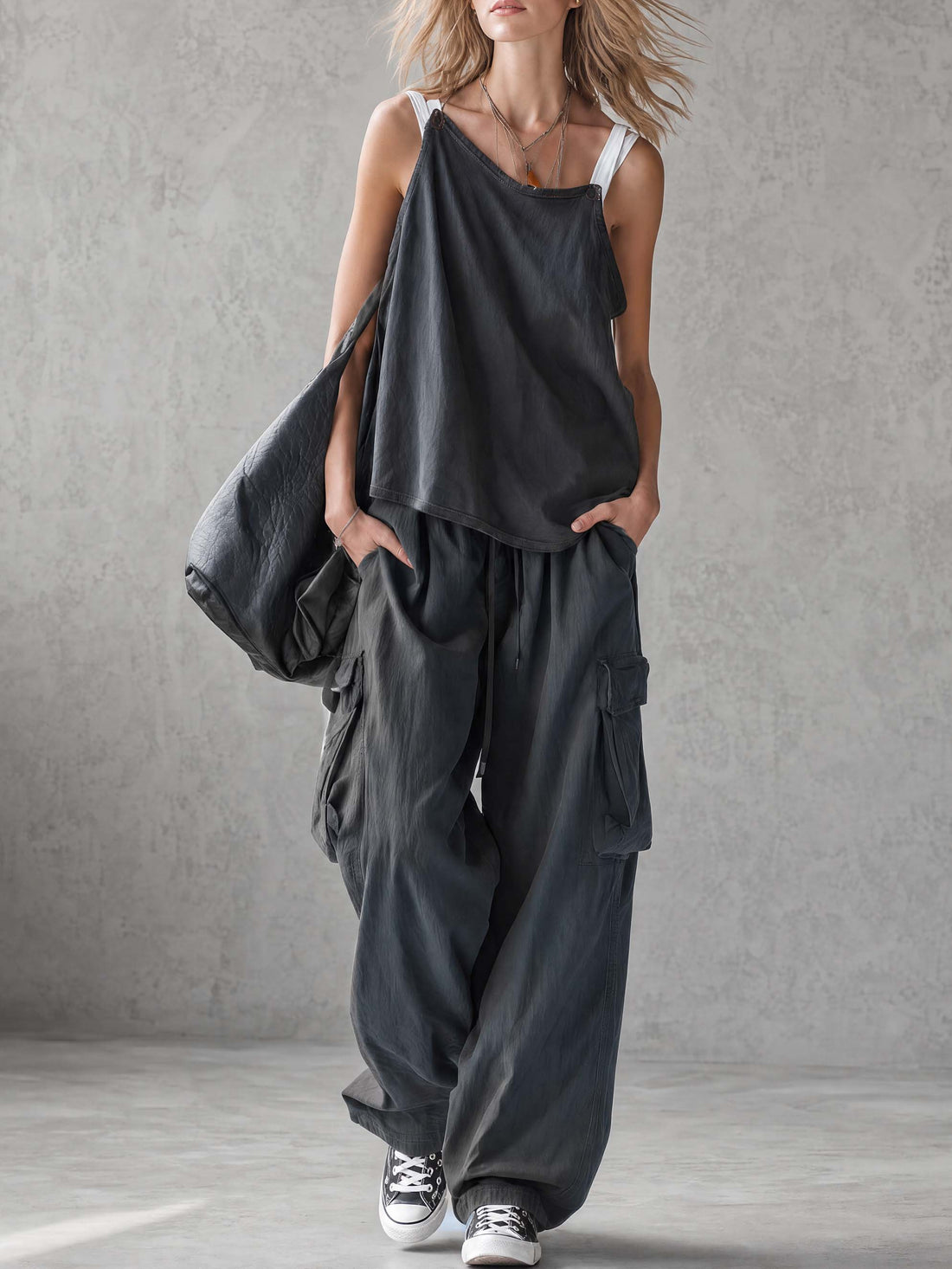 Exquisite Casual Workwear-inspired Dark Blue Cotton Off-the-shoulder Tank Top And Pants Set