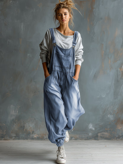 Casual Retro Washed Denim Blue Pocket Overalls