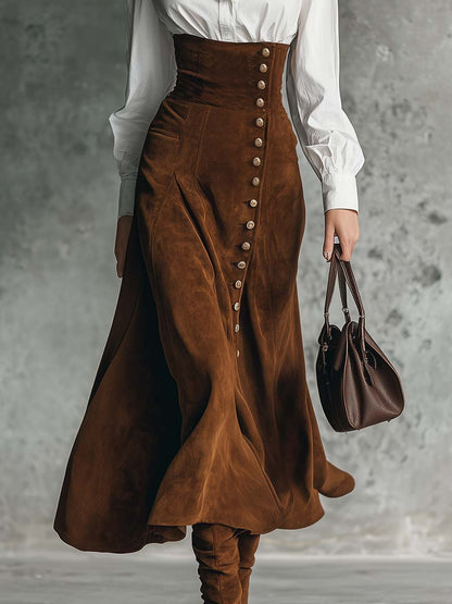 Vintage Versatile Exquisite Elegant Front Button Brown Suede High-waisted Skirt