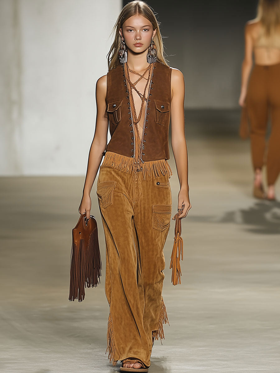 Casual Loose Vintage Caramel Suede Rivet Tassel Wide Leg Pants