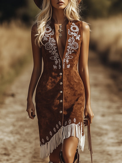 Vintage Western Paisley Brown Suede Vest Dress