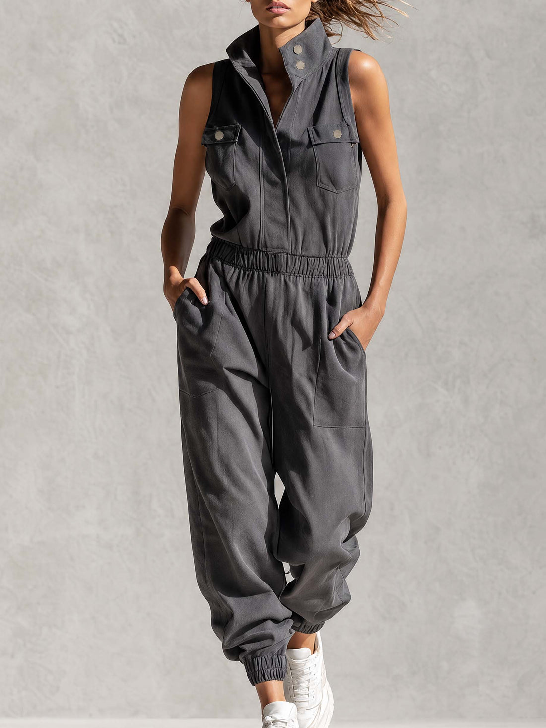 Stylish Simple Loose-fitting Sleeveless Stand-collar Front-buttoned Cotton Gray Jumpsuit