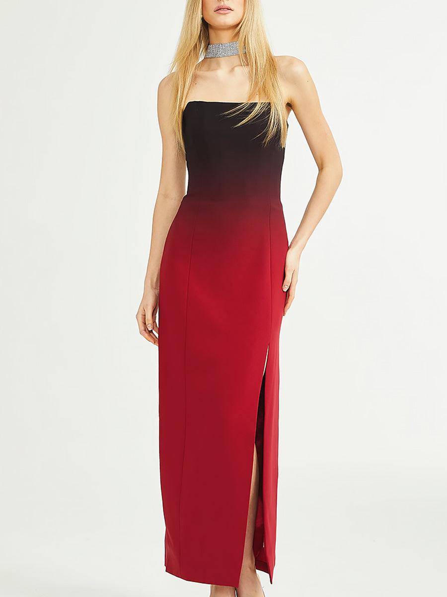 High-end Elegant Red and Black Gradient Tube Top Maxi Dress