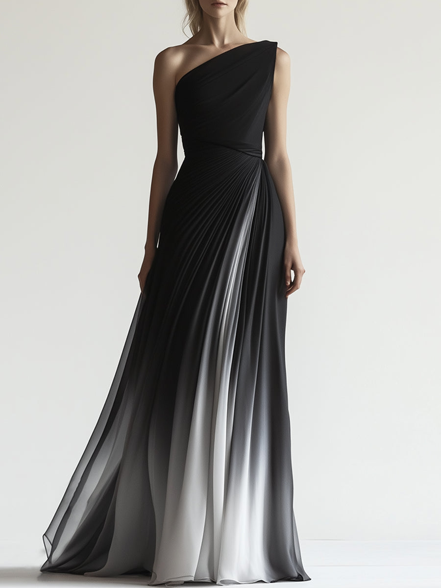 High-end Elegant Black and Gray Gradient One Shoulder Maxi Dress