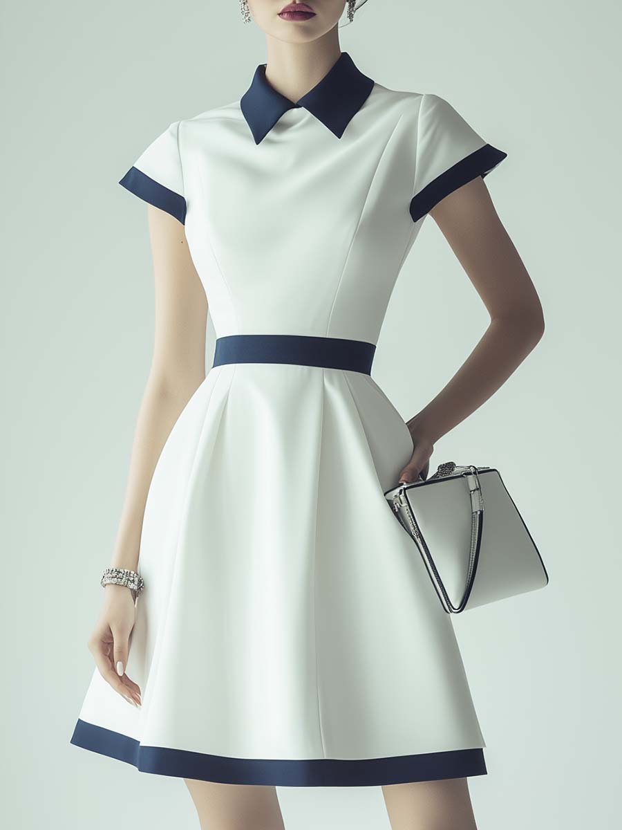 Elegant and Simple Short-sleeved Navy Blue Trim White Mini Dress