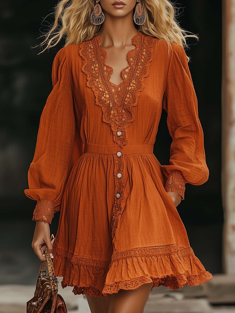 Fashionable and Vibrant Bohemian Lace V-neck Orange Mini Dress