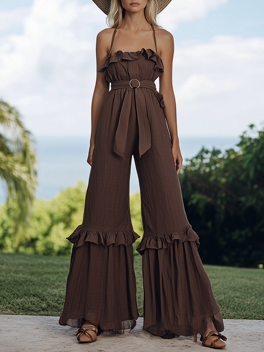 Elegant And Sophisticated Holiday Style Suspenders Ruffled Wide-Leg Jumpsuit