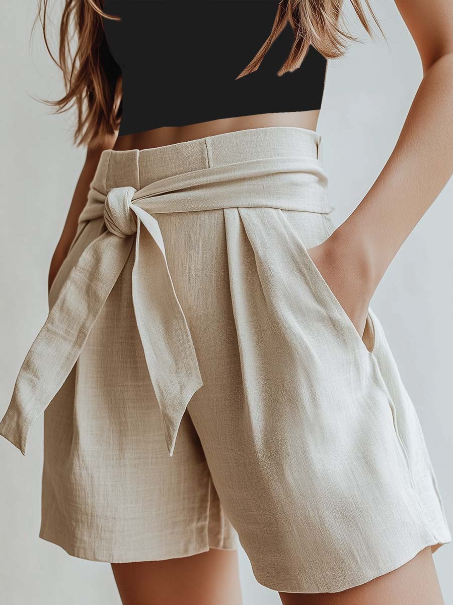 Easy-going Waist-tied Off-white Linen Shorts