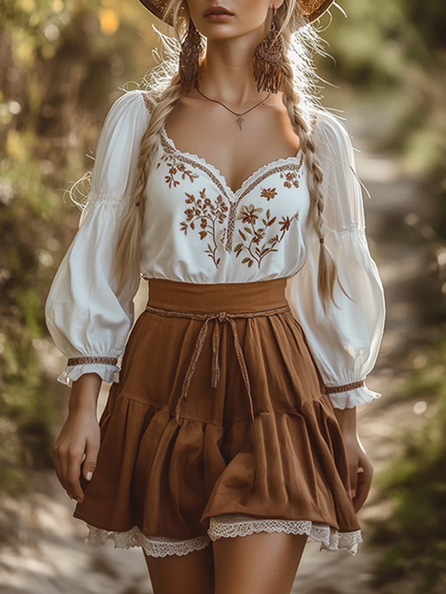 Elegant And Fashionable Bohemian Flower Embroidered Shirt Skirt Set