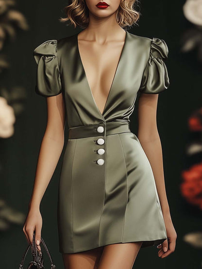 Elegant Vintage Collar Puff Sleeve Olive Green Satin Mini Dress