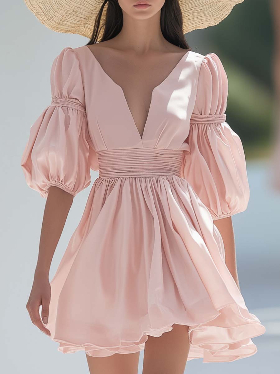 Elegant and Fashionable V-neck Bubble Sleeve Pink Satin Mini Dress