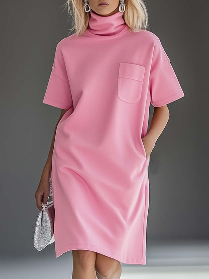 Casual Fashion High Collar Short Sleeve Loose T-shirt Style Pink Midi Dress