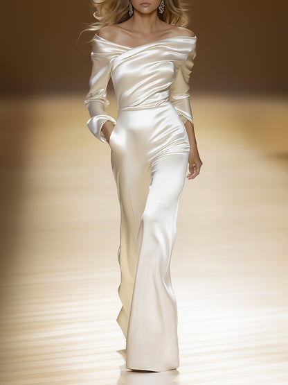 Elegant And Exquisite One-Shoulder White Satin Wide-Leg Jumpsuit