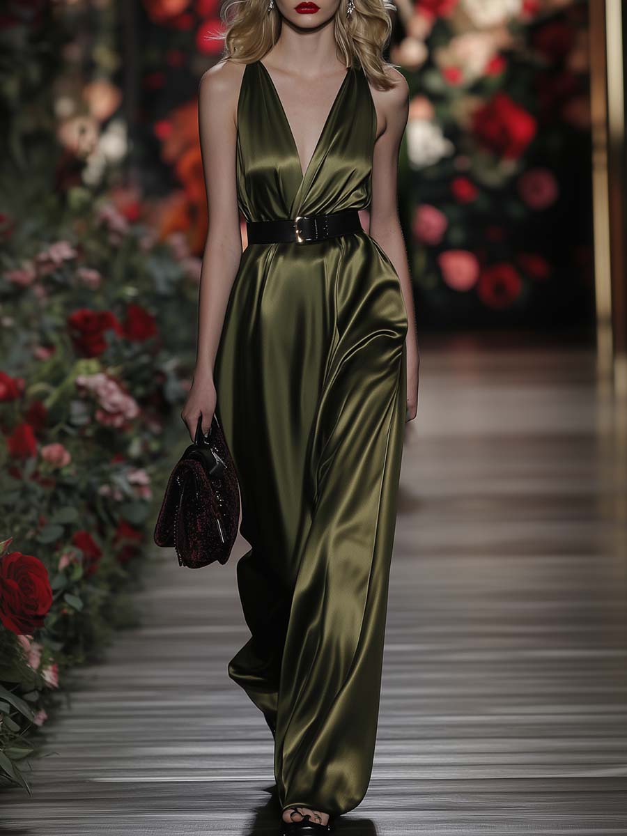 Fashion V-neck Sleeveless Belted Olive Green Satin Jumpsuit