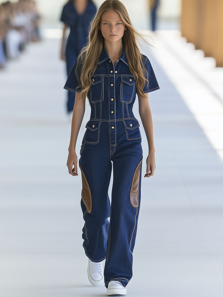 Casual Loose Retro Denim Leather Stitching Short-Sleeved Wide-Leg Jumpsuit