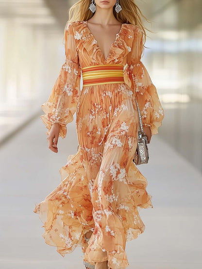 Fashionable and Elegant Lotus Leaf V-neck Floral Print Orange Maxi Dress