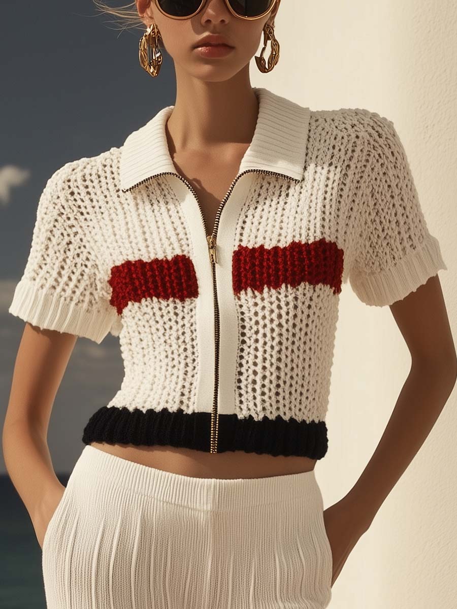 Fashionable and Exquisite Short-sleeved White Breathable Knitted Jacket