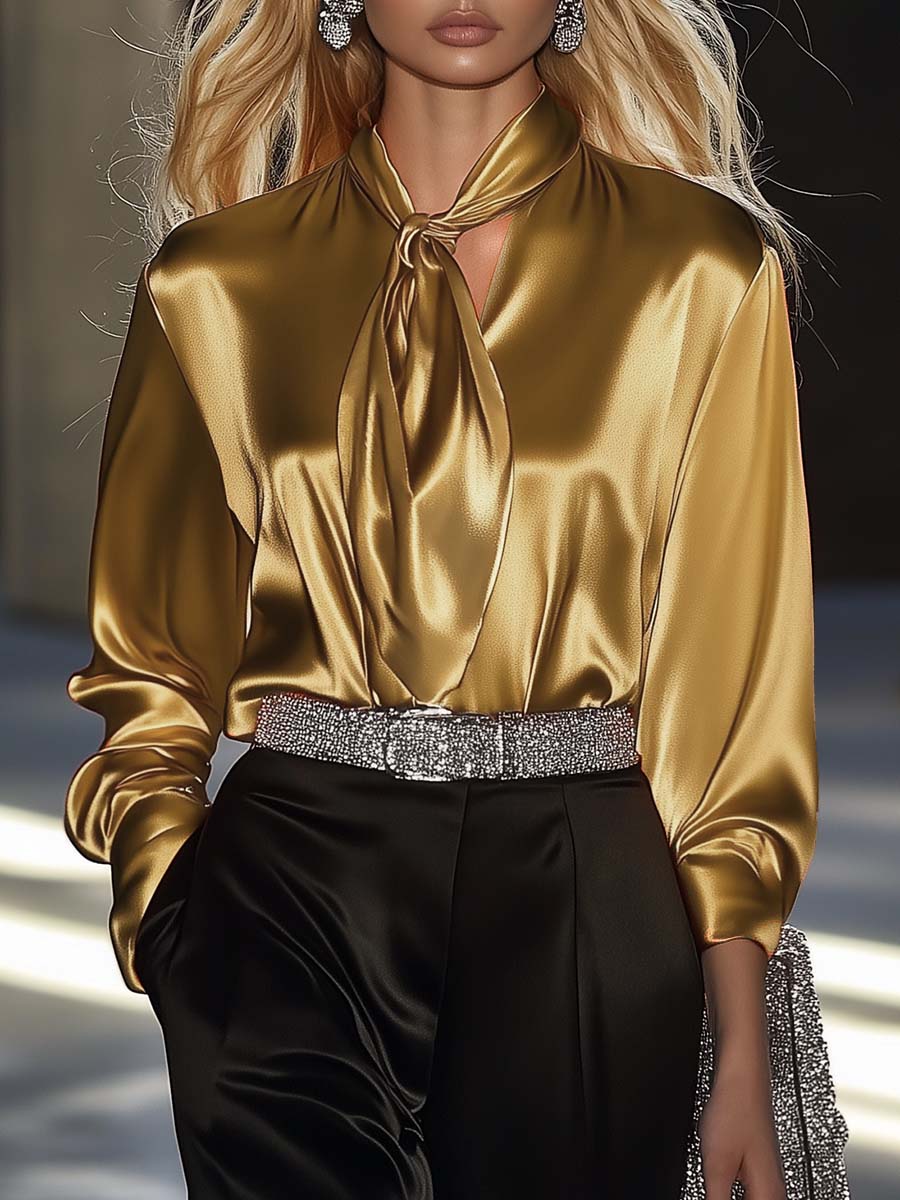 Elegant and Fashionable Golden Satin Ribbon Blouse