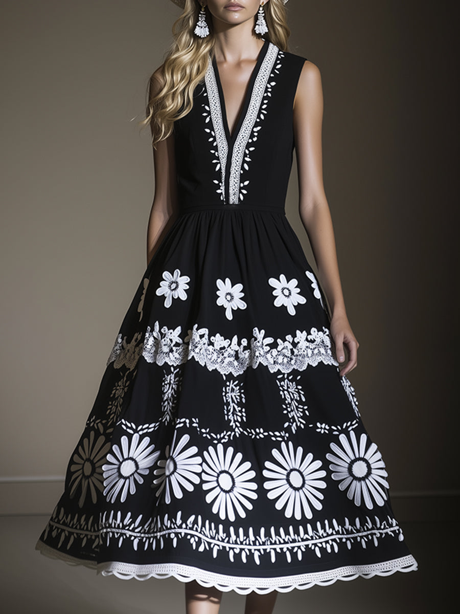 Retro Loose Ethnic Style White Print Black Maxi Dress