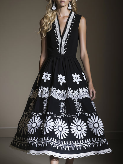 Retro Loose Ethnic Style White Print Black Maxi Dress