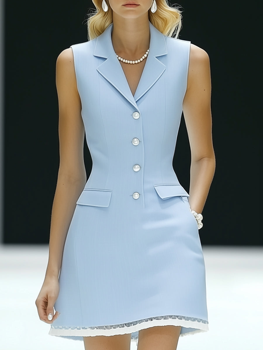 Elegant And Elegant Fragrance Pearl Button Sleeveless Blue Mini Dress